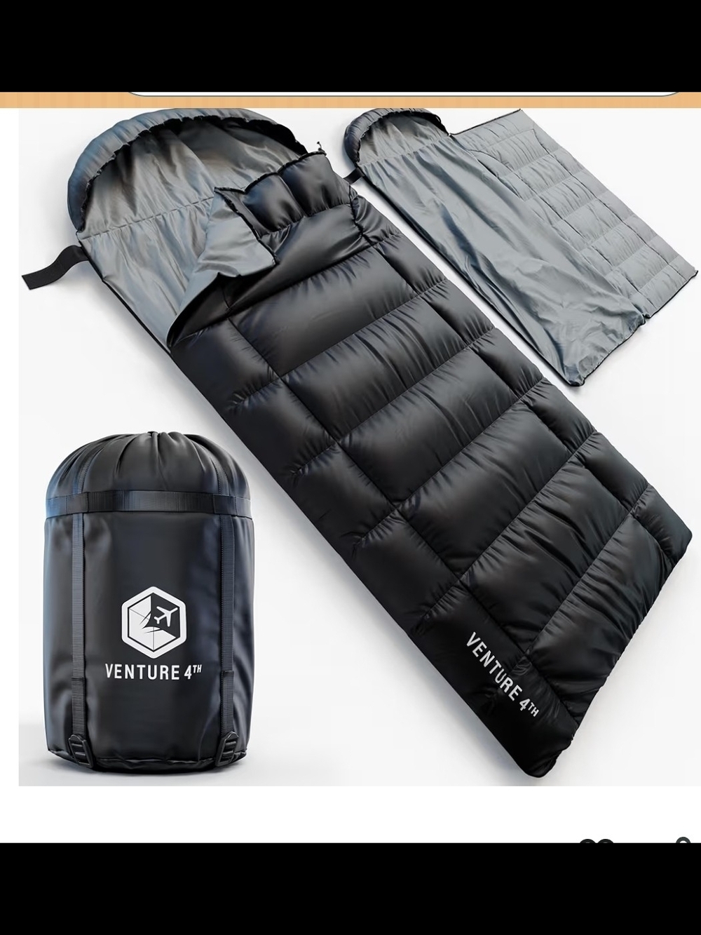 Venture 4th Black Sleeping Bag with Stuff Sack